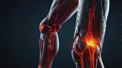 Close-up of a robotic leg with a glowing red knee joint, highlighting the concept of artificial intelligence, technology, and medical advancement.
