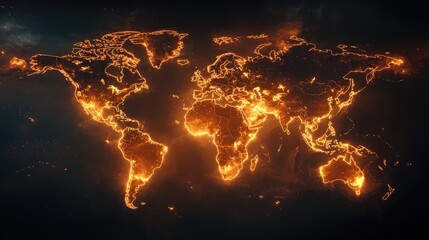 A fiery world map illuminated in orange, symbolizing intense heat or a catastrophic event, creates a striking visual on a dark background.