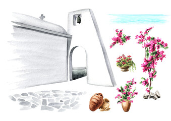 Element of traditional Greek architecture set, Mediterranean, Greece. Hand drawn watercolor illustration isolated on white background