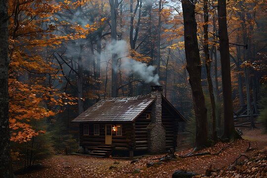 A rustic cabin in the woods surrounded by trees with autumn leaves, smoke gently rising from the chimney