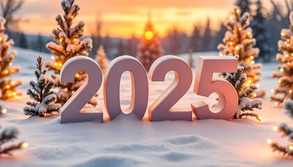 A snowy winter morning sun rises and 2025 written in 3D welcoming new year