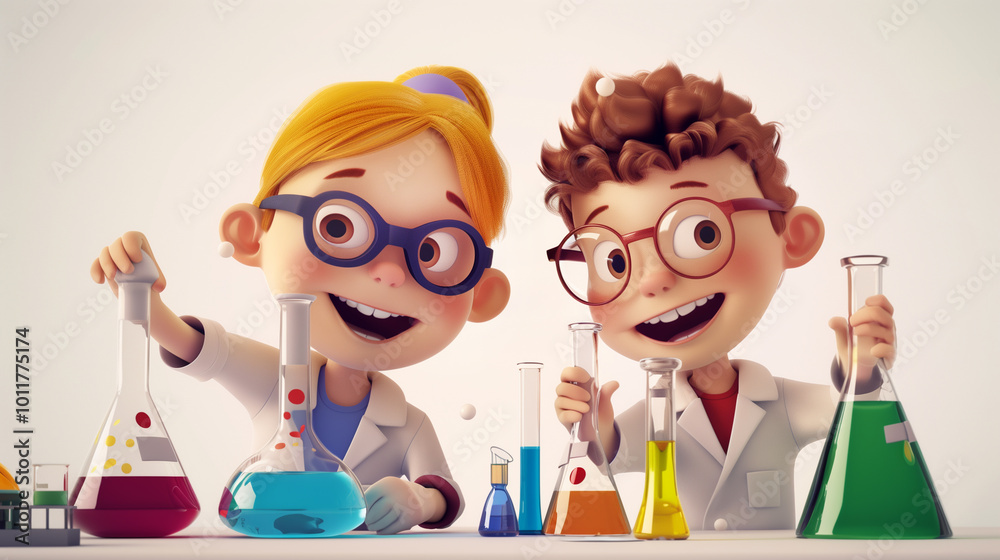 Wall mural cartoon 3d children science fair happy doing experiments