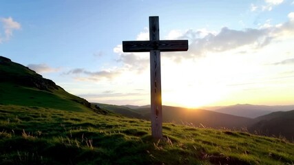 A cross stands in the heart of a valley, symbolizing faith and hope amidst nature's quiet solitude. Surrounded by rolling hills and open skies, the cross serves as a spiritual marker.