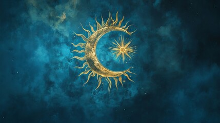 Obraz premium A mystical design with a crescent moon and sun, symbolizing astrology and divination. The blue background creates a sense of magic and the universe.