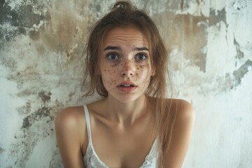 Fototapeta premium Shocked Woman Looking At Mold On Wall, Generative AI