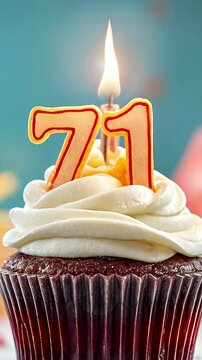 Birthday cupcake with burning lit candle with number 71. Number seventy-one for seventy-one years or seventy-first anniversary.