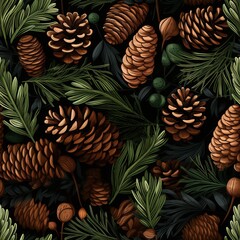 Fototapeta premium Pinecones and evergreen foliage arranged in a detailed botanical pattern