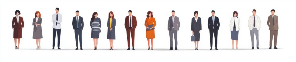 Obraz premium A group of business people standing in a row, a flat illustration on a white background Generative AI