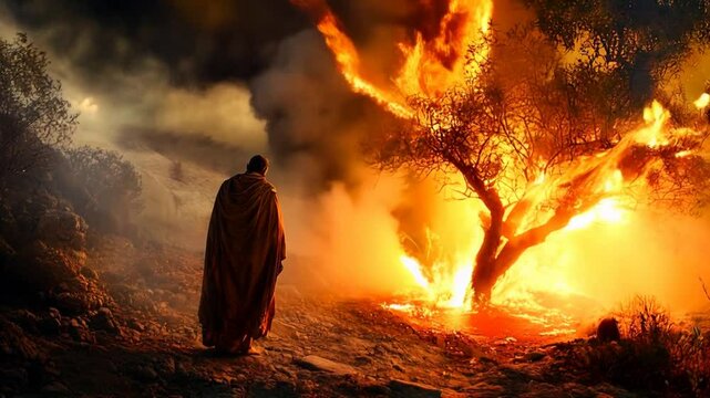 Moses and Bush on fire from Bible.
Revelation of JHWH to Moses.  
God Jesus Christ message to Israel.
Bush blazing start of Christianity religion