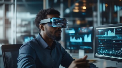 Businessman engaged with AR technology in a high-tech office, interacting with holographic data and graphs during a productive work session