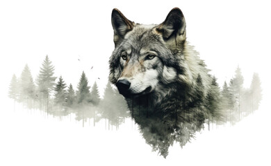 PNG  Double exposure photography wolf and forest animal mammal pet.