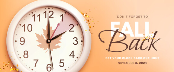 Daylight saving time ends. Fall back concept banner with realistic wall clock and golden confetti on orange background. Don't forget to set your clocks back an hour in november 3. Vector illustration