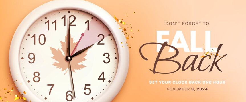 Daylight saving time ends. Fall back concept banner with realistic wall clock and golden confetti on orange background. Don't forget to set your clocks back an hour in november 3. Vector illustration