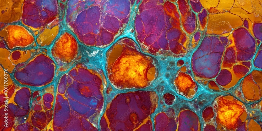 Aufkleber Microscopic Cell Web: Depict a complex, interconnected web of cells under a microscope, with thin filaments and glowing nodes showing the communication between cells in a