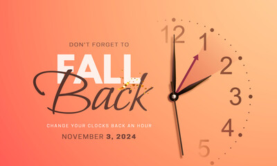 Daylight saving time ends. Fall back concept banner with wall clock face, realistic hands and golden confetti. Clock Dial with hands moving backward by an hour in november 3, 2024. Vector illustration