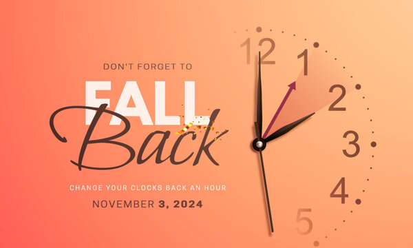 Daylight saving time ends. Fall back concept banner with wall clock face, realistic hands and golden confetti. Clock Dial with hands moving backward by an hour in november 3, 2024. Vector illustration