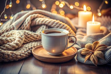 Cozy winter scene with coffee blanket and candles