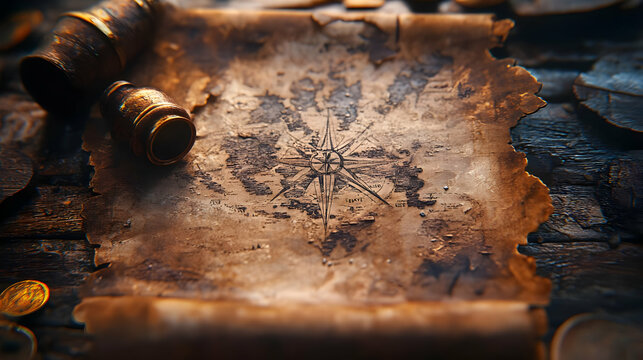 Vintage Treasure Map Illustration with Compass Rose