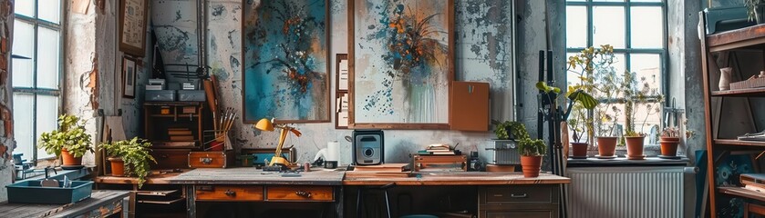 Bohemian workshop with eclectic decor, cozy and artistic, Urban, Soft tones, Photograph, Creative space