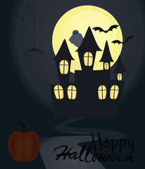 Halloween theme. pumpkin, tree and castle on moon night. vector illustration