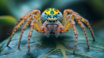 Close-up of a colorful spider on a leaf in a natural environment with detail and texture