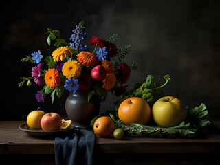 A bright Dutch still life with a bouquet of flowers and an assortment of fresh fruit beautifully arranged on a rustic wooden table. © CorelZavr