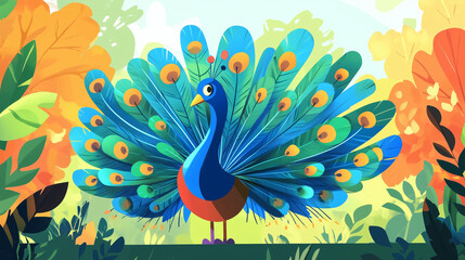 Fototapeta premium An illustration of a peacock in a minimalist style with a brightly fanned tail. Vibrant blue, green, and yellow feathers stand out against a bright nature background