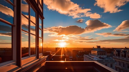 Fototapeta premium Sunset at the top of a building with lots of clouds and reflection in the side window. 
