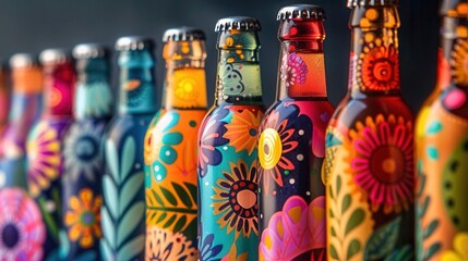 Craft soda packaging with vibrant designs, artistic and dynamic, Culinary, Bright hues, Photograph, Marketing creativity