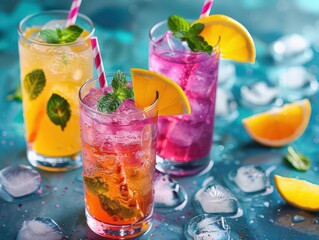 Fototapeta premium Craft soda recipes with diverse flavors, artistic and inviting, Culinary, Bright hues, Photograph, Artisanal drinks