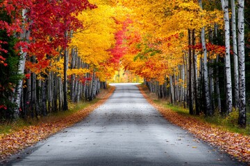 Naklejka premium A country road lined with colorful autumn trees, where the wind blows leaves across the path, and the sky is a soft grey