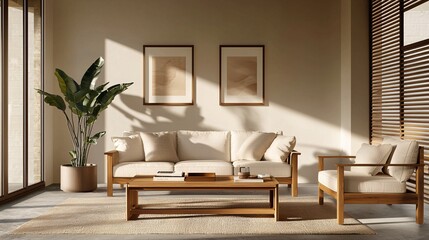 A cozy, minimalist living room featuring a beige sofa, wooden furniture, and a decorative plant, illuminated by natural light.
