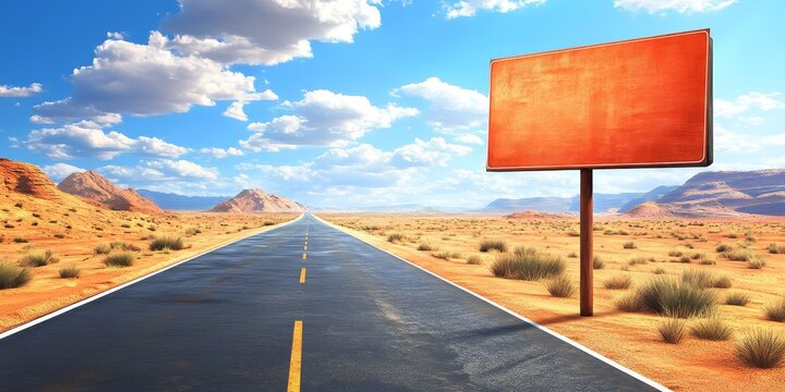 Billboard on a Deserted Highway: Illustrate a massive billboard standing alone along a vast, empty desert highway, with a dramatic sky and endless road leading into the d