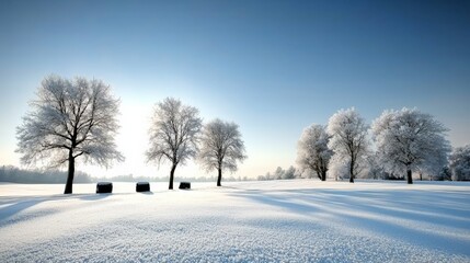 Obraz premium A countryside landscape covered in frost, where trees and grass sparkle in the pale sunlight under a clear, cold sky