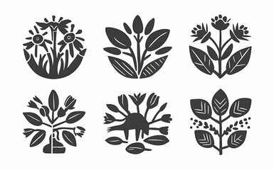 set of black and white plant icons