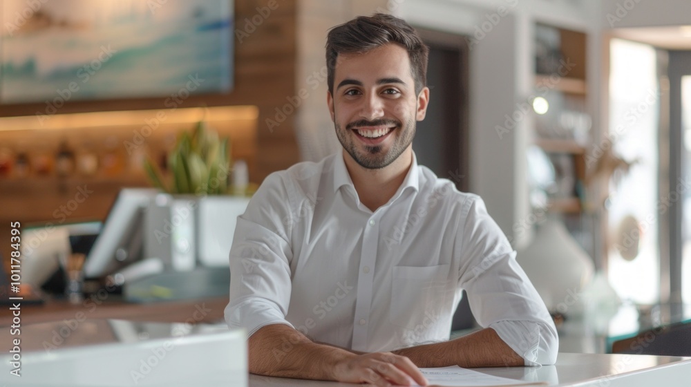 Poster a man is sitting at a counter with a smile on his face