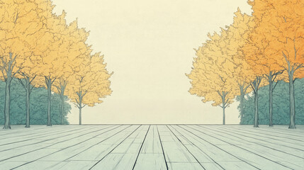 Obraz premium A scenic view of a wooden boardwalk leading into a forest of trees with yellow and green leaves.