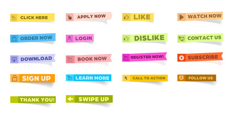 Read More, learn more, buy now, download, watch now, like, book, follow, swipe up, order now, thank you,  more colorful sticky notes button set.