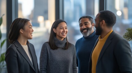 Obraz premium A diverse group of professionals enjoying conversation in a modern office with city views