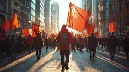 Workers Strike Demonstration In City. Labor Union March, Generative AI