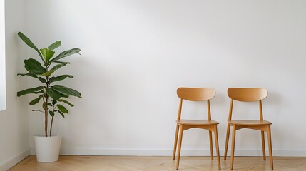 A minimalist interior featuring two wooden chairs and a potted plant against a blank wall, showcasing a clean and modern aesthetic.