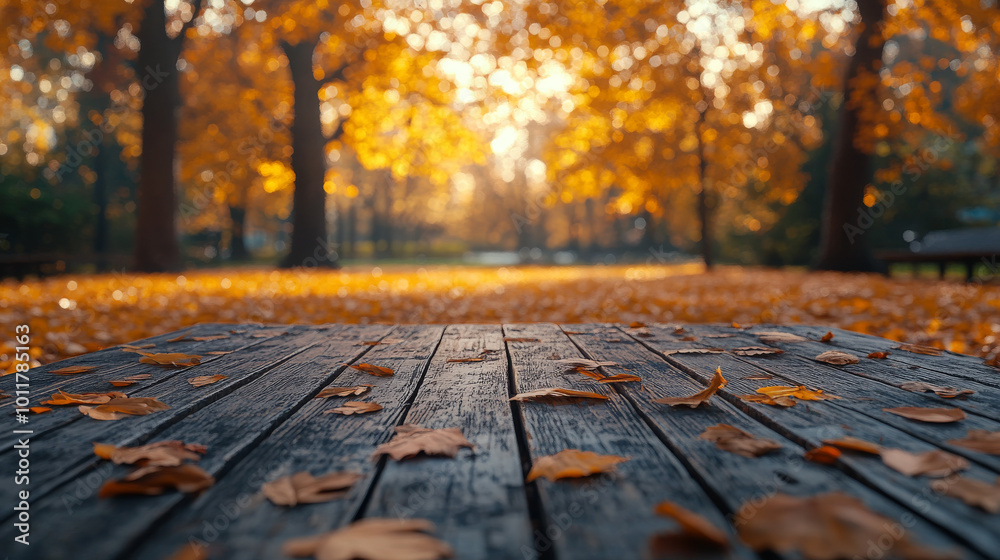 Poster Wooden planks in a park with fallen leaves