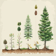 Growth Stages of a Pine Tree Illustrated - From Seedling to Mature Tree with Cones