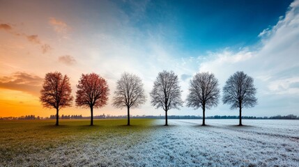 A countryside landscape transitioning through four seasons, from the blooming flowers of spring to the snowy fields of winter