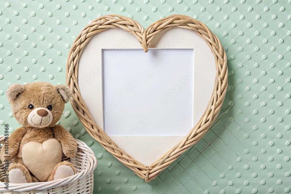 Poster Heart-shaped frame with a teddy bear on a mint background.