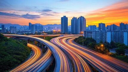 Sunset Cityscape with Light Trails on Highway