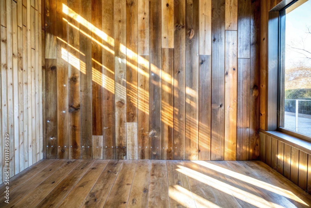 Canvas Prints Sunlit wooden room with large windows and shadows.