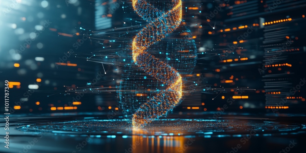 Poster DNA Helix with Network Lines: Create a visual of a DNA double helix, with interconnected lines branching out from it, symbolizing the connectivity of genetic information