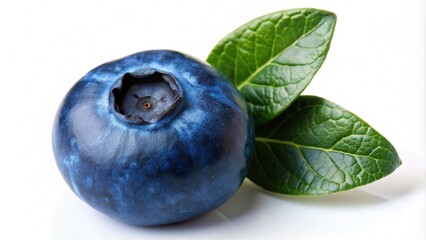 Obraz premium Close-up of a single ripe blueberry with two green leaves on a white background.