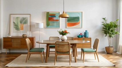 Modern living room interior minimalist design Features wooden table adorned decorative vases sculptures chair woven seat abstract painting